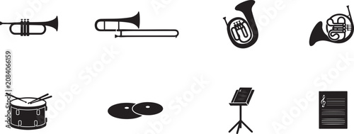 Foto Trumpet silhouette vector icon set with brass instruments trombone and music band equipment symbols