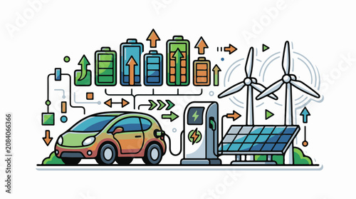Electric car powered by renewable energy sources charging station wind turbines solar panels and batteries