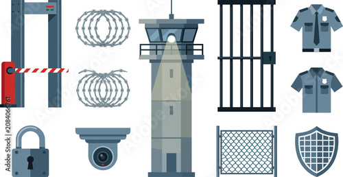 Obraz na plátne Security and prison icons collection featuring guard tower metal detector barbed