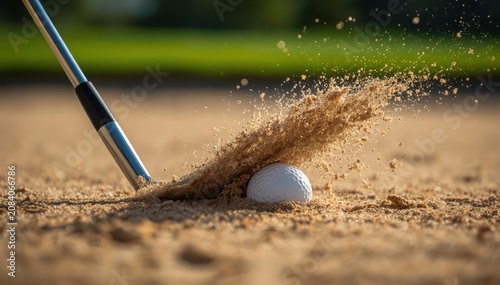 Golf club iron striking a white golf ball in a sand trap with explosive sand particles in a dynamic sports action shot
