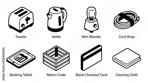 Kitchen and utility icons: toaster, kettle, mini blender, cord wrap, and more