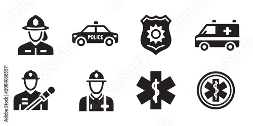 Foto Emergency response icons set with police fire and medical themes for safety and rescue