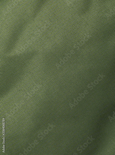 Dense synthetic olive khaki fabric texture with fine plain weave and soft folds, close-up background