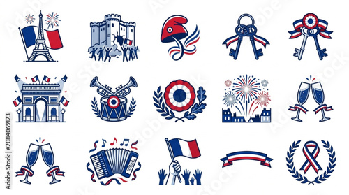 Schilderij op canvas Collection of French National Day Symbols and Icons.
