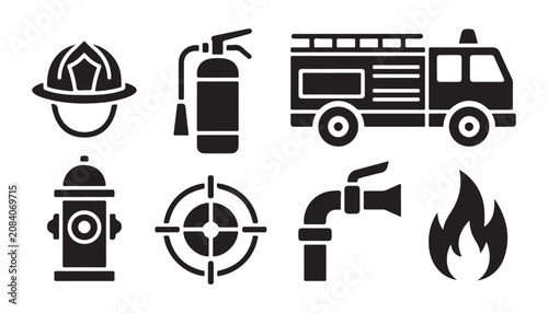 Fotografie Firefighter equipment icons featuring fire truck and helmet and hydrant and fire extinguisher set