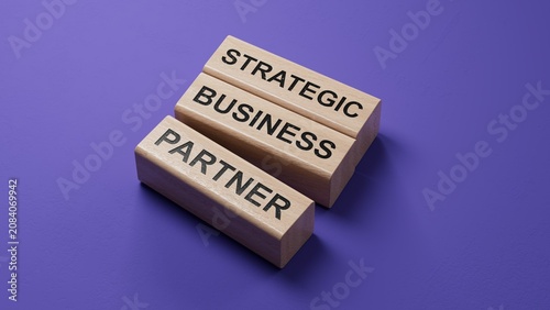 the words STRATEGIC BUSINESS PARTNER are written on a wooden blocks structure. wooden blocks. Copy space.3D rendering