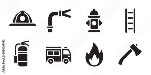 Cuadro en lienzo Emergency firefighting toolkit including fire engine ladder hydrant axe and protective equipment