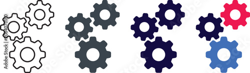 Gear Icon Set with Silhouette, Outline, and Colorful Cogwheel Vectors for Settings, Teamwork, and Operations Concepts