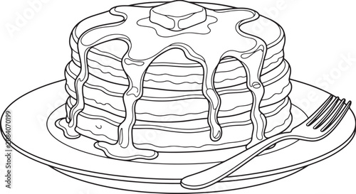 Foto Stack of delicious pancakes with syrup and butter on a plate with a fork