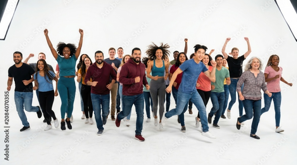 Obraz premium A group of diverse people jumping and celebrating with raised arms in a studio