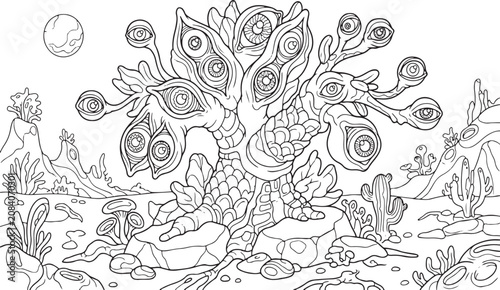 Canvastavla Surreal alien landscape with a strange tree covered in many eyes, fantasy colori