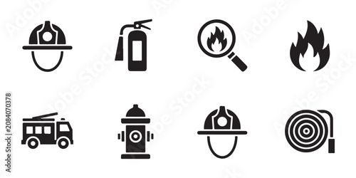 Firefighter equipment set vector icons on transparent background for fire safety and emergency designs.