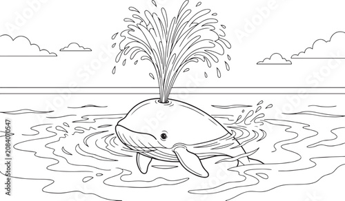 Canvastavla Cute whale splashing water from blowhole in the ocean coloring page for kids