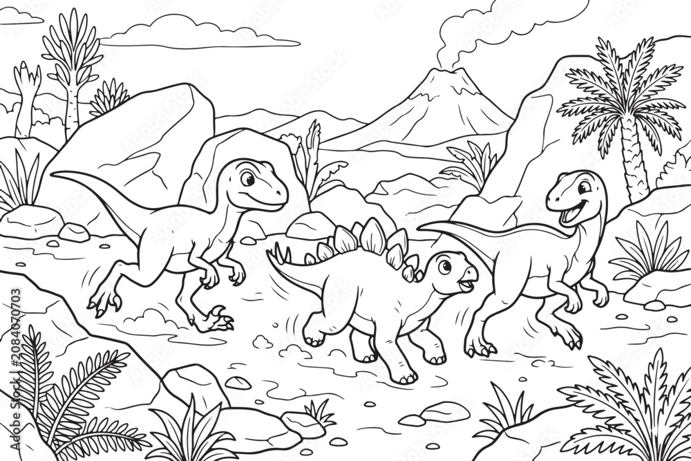 Obraz premium Cute cartoon dinosaurs in a prehistoric landscape with a volcano