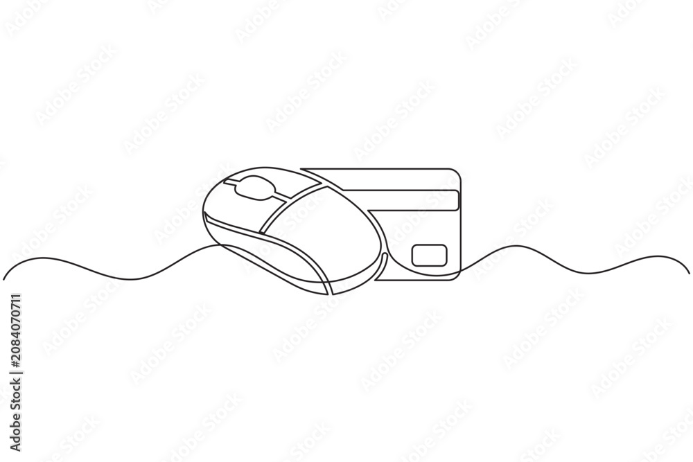 Obraz premium Computer mouse with credit card continuous one line drawing minimalist online payment technology outline vector illustration isolated on white background