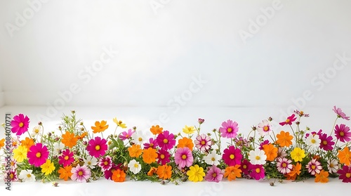 Border of colorful cosmos flowers and green foliage against a clean white background.