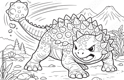 Cuadro en lienzo Ankylosaurus dinosaur coloring page for kids with a spiky tail and armored back