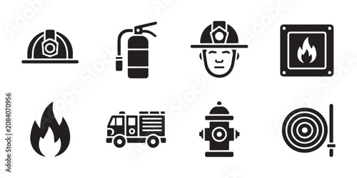 Firefighter equipment set vector icons on transparent background for fire safety and emergency designs.