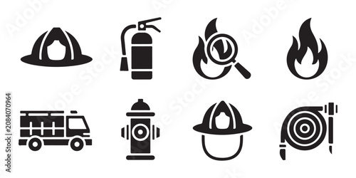 Firefighter equipment set vector icons on transparent background for fire safety and emergency designs.