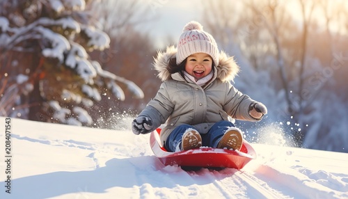 A joyful child experiences the thrill of sliding down a snow-covered hill on a bright red sled during a sunny winter day