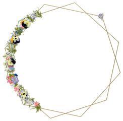 Gold geometric frame with delicate pressed flower crescent, real pansy, larkspur and ferns on fine golden hexagon border with copy space, botanical wedding invitation design, isolated