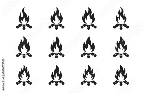 Seamless pattern of campfire icons in rows on transparent background for design.