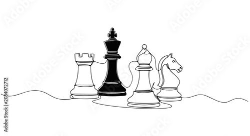 Obraz na płótnie Chess Game Pieces Line Drawing: King, Rook, Bishop, Knight on White Background
