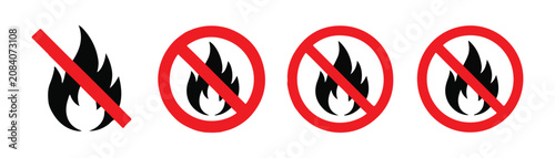 Set of warning signs with fire flame symbols prohibited icons for safety and fire prevention design.