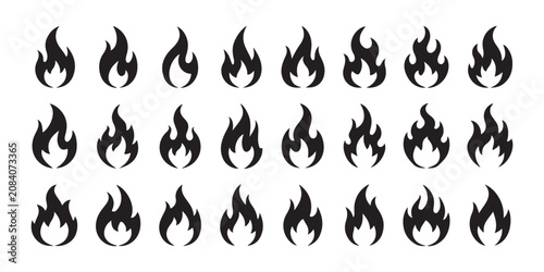 Collection of black flame icons isolated on transparent background fire graphic vector design elements.