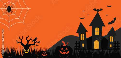 Spooky Halloween landscape featuring a haunted house, pumpkins, bats, spider web, and creepy tree with spacious copy area. Ideal for banners, social media, websites, invitations, posters, and seasonal