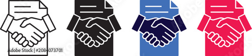 Handshake Icon Set with Document, Business Agreement and Contract Deal Vector Sign