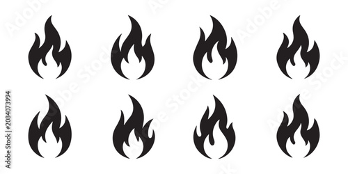 Collection of eight stylized black flame icons set on transparent background vector.