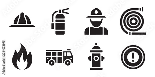 Set of eight black firefighter icons helmet fire extinguisher truck hydrant vector.
