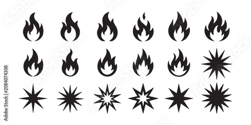 Combustion symbols and spark icons set in black silhouette style for industrial safety signage use.