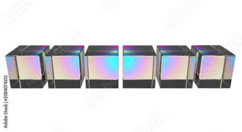 seven pristine, hyper-transparent iridescent glass cubes symmetrically arranged on a transparent studio background, capturing intense dichroic magenta and cyan caustics. Abstract physics visualization