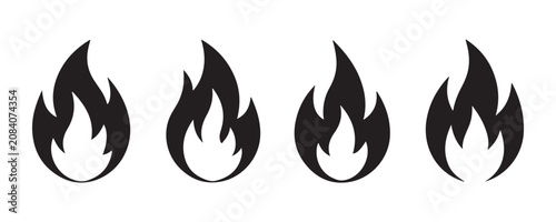 Four distinct flame icons with black fire shapes for energy logos and environmental design projects.