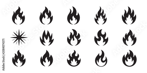 Minimalist fire flame silhouettes for logo design elements and heat warning signs on grid background.