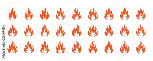Set of orange fire flames icon. burning hot flame with blazing energy effect.