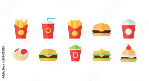 Obraz na płótnie A variety of fast food items including fries, burgers, and drinks are displayed