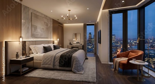 e
Luxury Modern Hotel Bedroom Interior with City Skyline View at Night