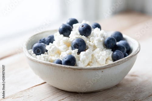 Blueberries in ceramic bowl with cottage cheese culinary arts