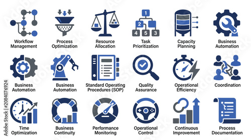 Business process icons, workflow optimization symbols, productivity management, business efficiency