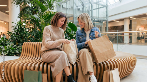 Two young women sitting on a bench at a shopping mall reviewing their purchases