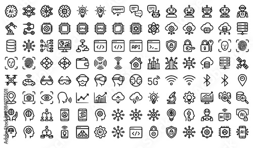 Artificial Intelligence and Technology Outline Icon Set Vector with Machine Learning Robotics Cloud Computing and Smart Innovation Symbols