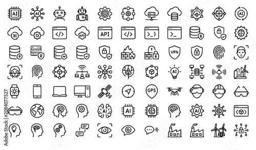 Artificial Intelligence Technology Outline Icon Collection Vector with Cloud Robotics Automation Cybersecurity and Machine Learning