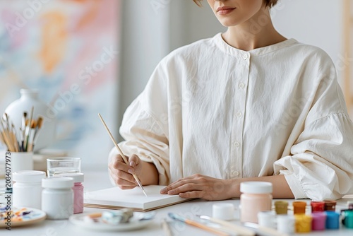 Woman painting on paper with brush at art studio table culinary