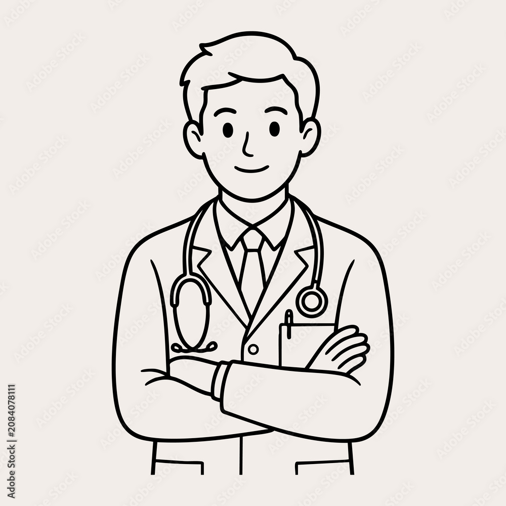 Fototapeta premium Male Doctor Character Illustration - Physician Stethoscope Lab Coat Clipboard Outline Vector