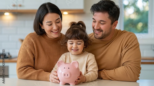 Family with daughter holding piggy bank at kitchen counter personal finance