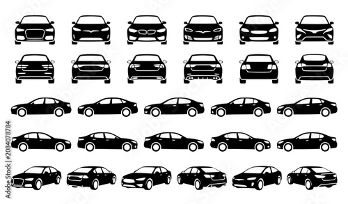 Obraz na płótnie Modern sedan vehicle silhouette icon set with front side rear top and perspectiv