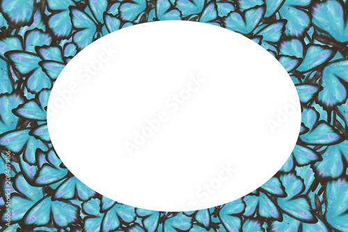 Elegant blue butterfly frame with spacious oval copy space surrounded by delicate wings. Decorative nature background for greeting cards, invitations, posters, banners and luxury designs